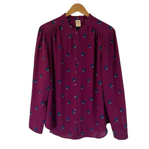 Faded Glory Floral Button Up Blouse Plus XXL Purple Teal Blue All Over Flowers